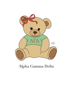 a brown teddy bear with a red bow on its head and the words alpha gamma delta