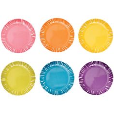 six different colors of paper plates on a white background