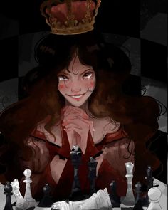 a woman sitting at a chess board with a crown on top of her head, surrounded by black and white chess pieces