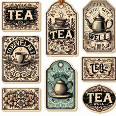 tea tags with different types of tea and coffee cups on them, all in various designs