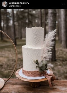 a three tiered white wedding cake on a wooden table in front of some trees