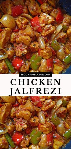 chicken jalfrezi with peppers and onions in a skillet on the side