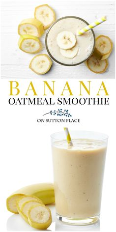 banana oatmeal smoothie in a glass with sliced bananas on the side