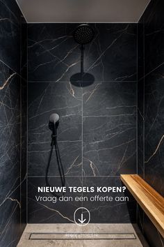 a shower head in the corner of a bathroom with text overlaying it that reads, nieuwe tegells kopen?