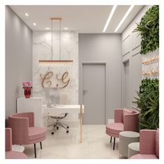 an office with pink chairs and plants on the wall, along with a white desk