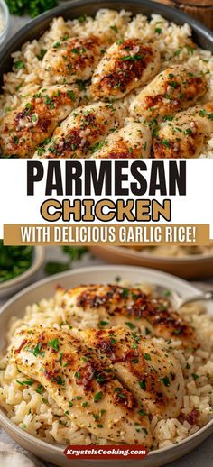 parmesan chicken with delicious garlic rice in a skillet and on a plate