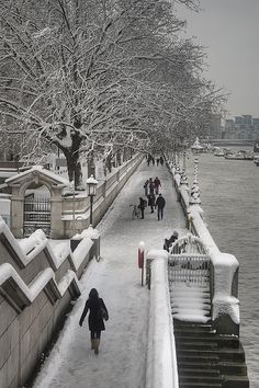 people are walking on the snow covered walkway by the water and trees with no leaves