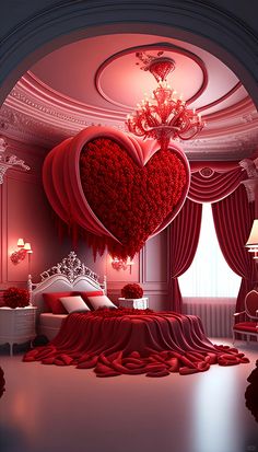 a heart shaped bed in the middle of a room