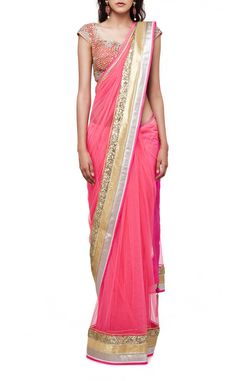 This #pinksaree is made of net fabric in pink color having four sided sequin and gotta border in golden and silver color and available on SALE Gold Blouse Designs, Net Sarees, New Saree Designs, Indian Designer Sarees, Indian Bridal Lehenga, Saree Gown, Simple Sarees, Indian Gowns Dresses, Fashion Forecasting