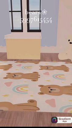 an animated image of a room with teddy bears on the floor and in front of a window