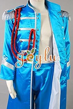 a blue and white costume with red accents