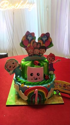 a birthday cake is decorated with many characters