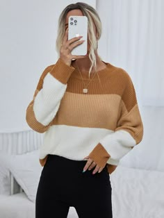 Multicolor Casual  Long Sleeve Acrylic Colorblock Pullovers Embellished Slight Stretch Spring/Fall Women Knitwear Drop Shoulder Sweater, Colour Blocking, Drop Shoulder Sweaters, Oversized Pullover, Color Block Sweater, Really Cute Outfits, Cute Sweaters, Sweater Sleeves, Shoulder Sweater