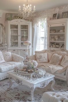 a living room filled with furniture and a chandelier