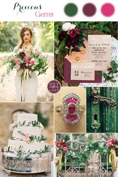 a collage of photos with flowers and greenery on them, including a wedding cake