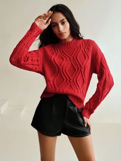 Vintage Handmade Crochet Hollow Out Cable Knit Sweater Red Casual  Wrist-Length Sleeve Knitwear Plain Pullovers Non-Stretch  Women Clothing, size features are:Bust: ,Length: ,Sleeve Length: Solid Open Knit Fall Sweater, Solid Open Knit Sweater For Fall, Fall Solid Color Open Knit Sweater, Fall Open Knit Acrylic Sweater, Trendy Open Knit Sweater, Trendy Solid Color Open Knit Sweater, Red Knitted Acrylic Sweater, Red Acrylic Knitted Sweater, Trendy Red Knitted Sweater