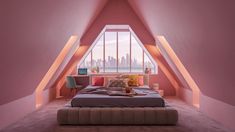 an attic bedroom with pink walls and carpeted flooring is lit by the windows