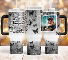 two personalized travel mugs, one with a photo and the other with butterflies