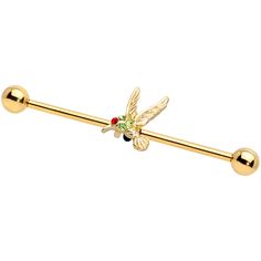 14 Gauge (1.6mm), 1 1/2" (38mm), Gold Tone PVD over 316L Surgical Grade Stainless Steel Straight Barbell, Moveable Charm, 5mm Ball Ends 14 Gauge Green Red Gem Gold Tone Hummingbird Industrial Barbell 38mm Hummingbirds move really fast....and you'll want to do the same to snap up this 14 gauge helix barbell! It's made with a 1 1/2" gold tone PVD over 316L surgical grade stainless steel straight barbell with 5mm ball ends. It features a hummingbird charm set with a red gem eye and light green gems Types Of Ear Piercings, Ear Piercings Helix, Jewelry Promotion, Barbell Piercing, Industrial Barbell, Daith Piercing, Ear Candy, Green Gems, Ear Piercing