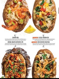 four different types of food on top of each other, including shrimp and vegetables in bread