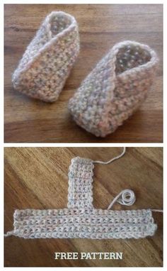 crocheted baby booties are shown in three different pictures, one is white and the other is gray