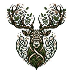 the head of a deer with an intricate pattern on it's antlers and leaves