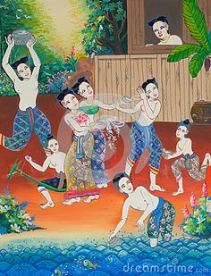 an artistic painting on the wall of a house with people playing and swimming in it