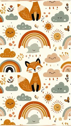 an animal themed wallpaper with rainbows and clouds