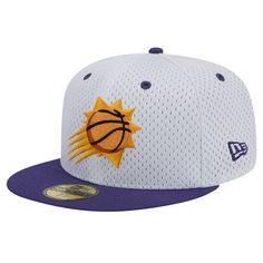 Bring a fresh look to your Phoenix Suns headwear with this Throwback 2Tone 59FIFTY hat. Made by New Era, it features the Phoenix Suns logo in raised embroidery on the front and the franchise's founding year embroidered on the side. The fitted construction ensures this mesh cap fits you perfectly. Officially licensed Structured fit Material: 100% Polyester Fitted Wipe clean with a damp cloth Six mesh panels with eyelets Embroidered graphics with raised details Green undervisor Flat bill High Crow Purple Summer Snapback Hats, Sun Logo, 59fifty Hats, Phoenix Suns, Mesh Cap, Mesh Panel, New Era 59fifty, Adjustable Hat, Snapback Hats