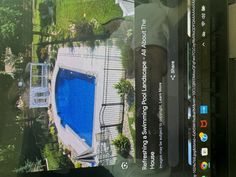 an aerial view of a swimming pool in the middle of a yard with grass and trees