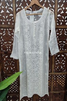 ▪ Kurti Fabric: Viscose  ▪ Kurti Length: 44-46 Inches ▪ Sleeves: 3/4 Sleeves ▪ Style: Straight Kurti ▪ Occasions: Party Wear, Office Wear, Festive Wear ▪ Garment Care: Hand Wash Only ▪ Price Includes: 1x Kurti with inner White Bohemian Self Design Kurta, Traditional Wear With Lace Work In Georgette, Bohemian White Dupatta With Self Design, White Bohemian Dupatta With Self Design, Fitted Kurta With Pallu For Festival, White Long Kurta With Cutdana, Traditional Wear With Chikankari Embroidery For Eid Festival, Chikankari Embroidery Sets For Eid Festival, Festival Chikankari Embroidery Sets