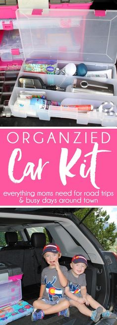 two children sitting in the back of a car with tools inside it and text overlay that reads organized car kit everything mom needs for road trips