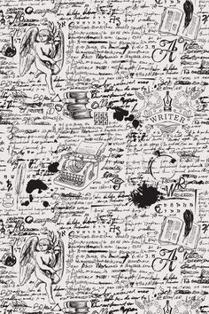 a black and white wallpaper with writing, angels, and other things on it