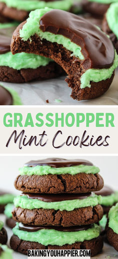 chocolate mint cookies are stacked on top of each other with the words grasshopper mint cookies