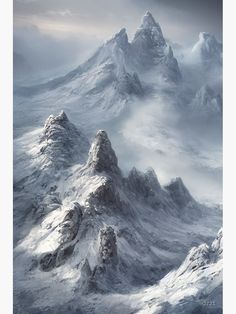 an aerial view of snow covered mountains in the distance, with clouds rolling over them