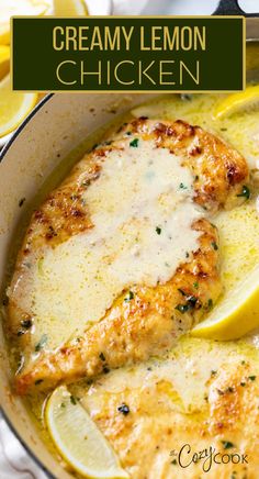 creamy lemon chicken in a skillet topped with cheese Creamy Lemon Chicken Recipe, Creamy Lemon Chicken, Lemon Chicken Recipe, Chicken Main Dishes, Buffalo Chicken Dip, Chicken Dishes Recipes, Poultry Recipes, Lemon Chicken, Chicken Dinner Recipes