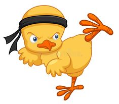 a cartoon chicken with a bandana on its head and arms stretched out in the air