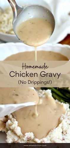 homemade chicken gravy is being drizzled over mashed potatoes