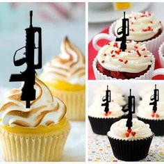 cupcakes with white frosting and red sprinkles are shown in four different pictures