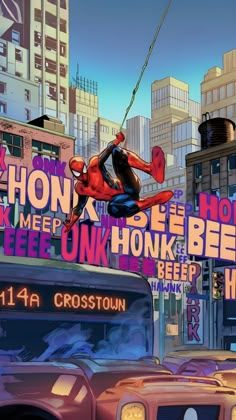 a spider man flying through the air over a city with tall buildings and neon signs