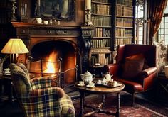 a living room filled with furniture and a fire place in front of a book shelf