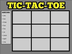 the tic - tac toe game is shown in black and white with yellow lettering