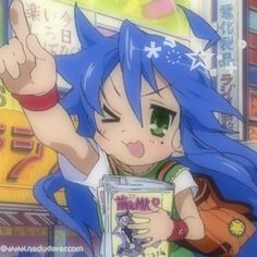 an anime character with blue hair and green eyes points at something in the air while holding her hand up