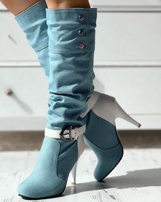 Fitted Light Blue Pointed Toe Boots, Casual Fitted Denim Blue Boots, Fitted Light Blue Winter Boots, Fitted Denim Blue Boots With Round Toe, Trendy Fitted Light Blue Boots, Fitted Boots With Buckle Closure For Spring, Light Blue Boots For Fall, Chic Denim Blue Boots For Fall, Fitted Denim Blue Boots For Fall