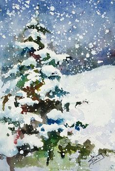 a painting of a snow covered pine tree