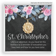 "NEW....You can now add a pair of earrings to you order! Copy & paste the link below, or go to our \"Add Earrings to Order\" section in our shop. ► https://etsy.me/3n0Uz2n D E S C R I P T I O N A large 14kt gold filled or sterling silver St Christopher pendant hangs beautifully from our signature delicate & sparkly 14kt gold filled cable chain or choose a beaded satellite chain. The pendant features St Christopher surrounded by the words \"Saint Christopher Protect Us\". Completely handm Saint Necklace, St Christopher Necklace, Gold Medallion Necklace, St Christopher Medal, St Christopher Pendant, Travel Necklace, St Christopher, Saint Christopher, Catholic Jewelry