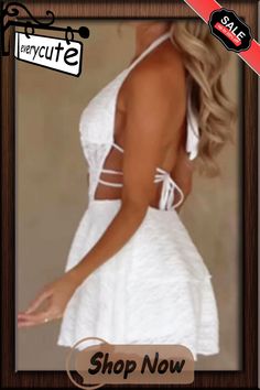 White Sexy Solid Hollowed Out Backless Strap Design Halter A Line Dresses White Flirty Backless Mini Dress, White Backless Dress For Summer Night Out, White Backless Mini Dress For Club, Flirty White Backless Dress For Date Night, White Flirty Mini Length Backless Dress, White Backless Dress For Summer Clubbing, Backless Hollow Out Mini Dress For Vacation, Hollow Out Backless Mini Dress For Vacation, White Bandage Mini Dress For Club