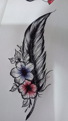 a drawing of a feather with flowers and a bird on it's back side