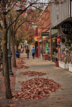 people walking down the sidewalk in front of shops with fall leaves on the ground around them