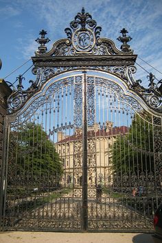 an ornate iron gate in front of a building